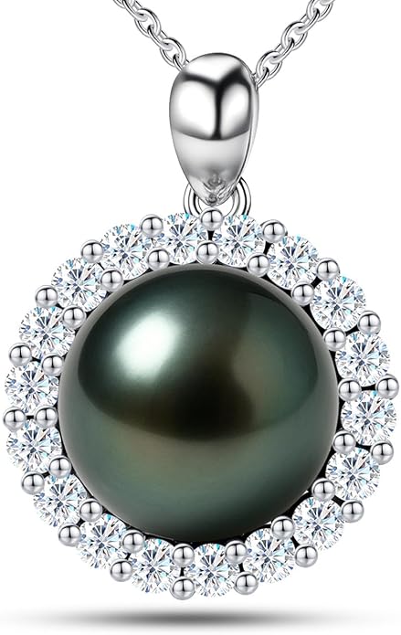 Genuine Tahitian Black Pearl Necklaces for Women, 9-13mm AAAA Seawater Pearl Jewelry - Sterling Silver Moissanite Pendant, Wedding Anniversary Christmas Birthday Gifts for Wife Mom Girlfriend