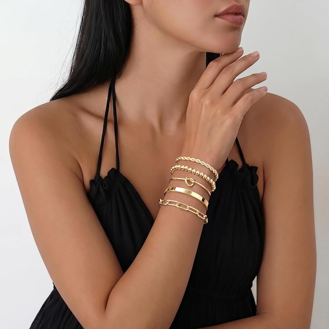 Gokeey Gold Bracelets Set for Women Non Tarnish, Waterproof 14Kilver let Stackable Gold Bangles Bracelet for Women Trendy Fashion Accessories Tie Knot Cuban Rope Paperclip Beaded Bracelet Stack Jewelry Mothers Day Gifts for Mom Birthday