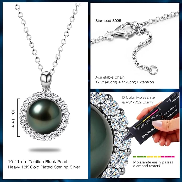 Genuine Tahitian Black Pearl Necklaces for Women, 9-13mm AAAA Seawater Pearl Jewelry - Sterling Silver Moissanite Pendant, Wedding Anniversary Christmas Birthday Gifts for Wife Mom Girlfriend