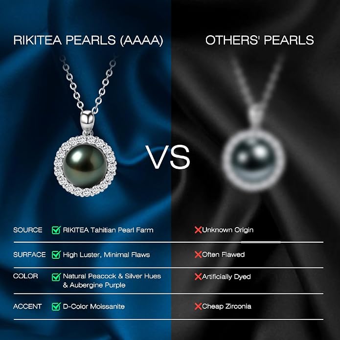 Genuine Tahitian Black Pearl Necklaces for Women, 9-13mm AAAA Seawater Pearl Jewelry - Sterling Silver Moissanite Pendant, Wedding Anniversary Christmas Birthday Gifts for Wife Mom Girlfriend
