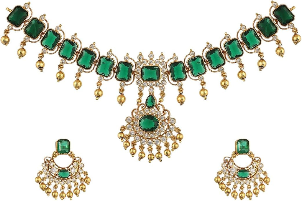 TARINIKA Antique CZ Indian Necklace Set - Indian Jewelry Set for Women Gold Plated Brass with Cubic Zirconia, Comes with Matching Earrings, Ideal for Anniversary, Party, Gift for Her