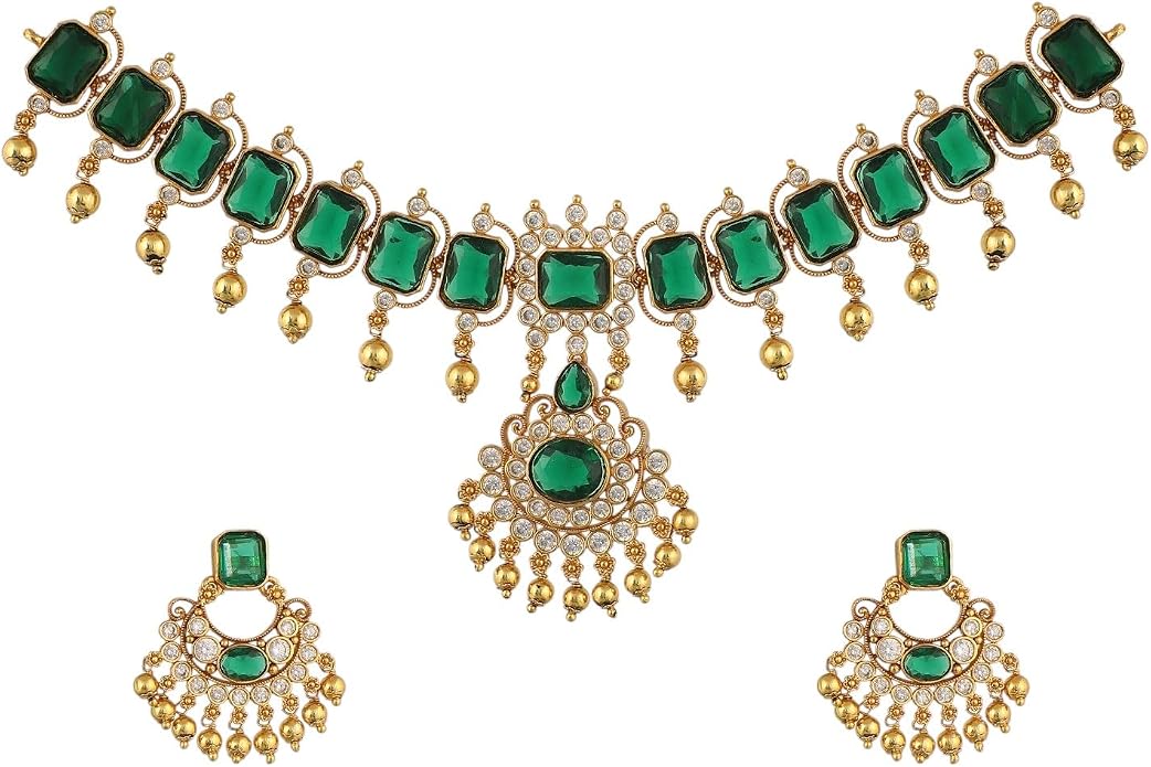 TARINIKA Antique CZ Indian Necklace Set - Indian Jewelry Set for Women Gold Plated Brass with Cubic Zirconia, Comes with Matching Earrings, Ideal for Anniversary, Party, Gift for Her