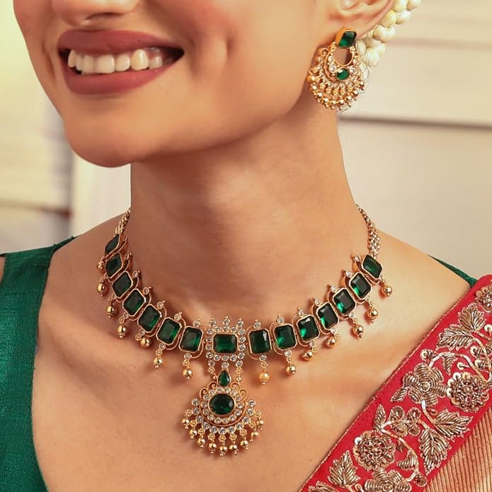 TARINIKA Antique CZ Indian Necklace Set - Indian Jewelry Set for Women Gold Plated Brass with Cubic Zirconia, Comes with Matching Earrings, Ideal for Anniversary, Party, Gift for Her