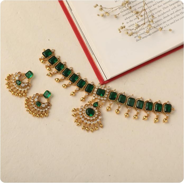 TARINIKA Antique CZ Indian Necklace Set - Indian Jewelry Set for Women Gold Plated Brass with Cubic Zirconia, Comes with Matching Earrings, Ideal for Anniversary, Party, Gift for Her