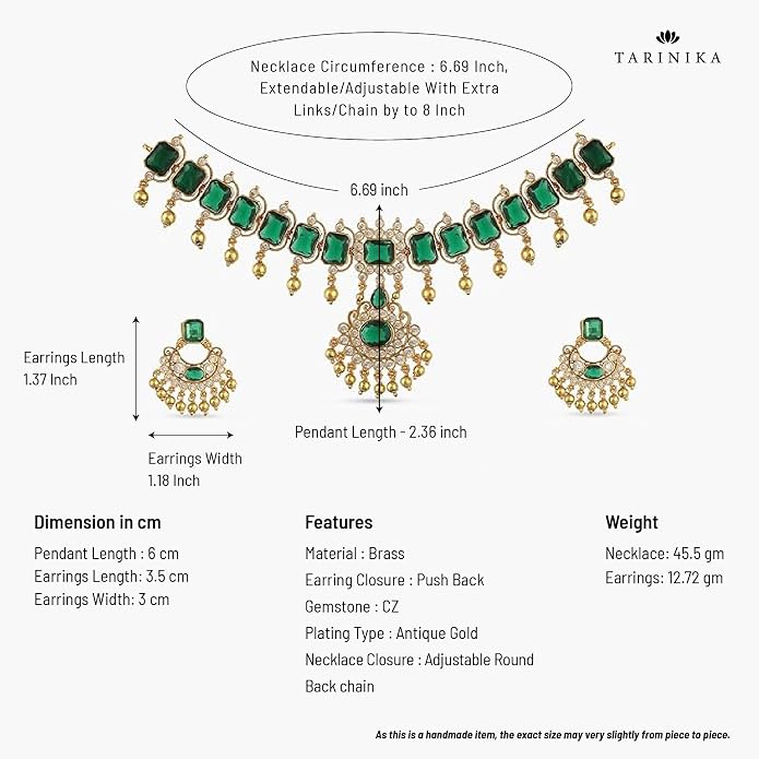TARINIKA Antique CZ Indian Necklace Set - Indian Jewelry Set for Women Gold Plated Brass with Cubic Zirconia, Comes with Matching Earrings, Ideal for Anniversary, Party, Gift for Her