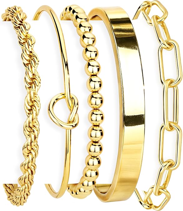 Gokeey Gold Bracelets Set for Women Non Tarnish, Waterproof 14Kilver let Stackable Gold Bangles Bracelet for Women Trendy Fashion Accessories Tie Knot Cuban Rope Paperclip Beaded Bracelet Stack Jewelry Mothers Day Gifts for Mom Birthday