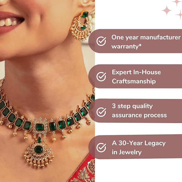 TARINIKA Antique CZ Indian Necklace Set - Indian Jewelry Set for Women Gold Plated Brass with Cubic Zirconia, Comes with Matching Earrings, Ideal for Anniversary, Party, Gift for Her
