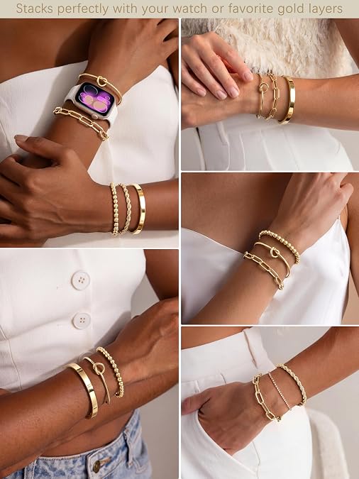 Gokeey Gold Bracelets Set for Women Non Tarnish, Waterproof 14Kilver let Stackable Gold Bangles Bracelet for Women Trendy Fashion Accessories Tie Knot Cuban Rope Paperclip Beaded Bracelet Stack Jewelry Mothers Day Gifts for Mom Birthday
