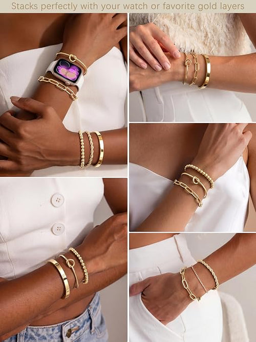 Gokeey Gold Bracelets Set for Women Non Tarnish, Waterproof 14Kilver let Stackable Gold Bangles Bracelet for Women Trendy Fashion Accessories Tie Knot Cuban Rope Paperclip Beaded Bracelet Stack Jewelry Mothers Day Gifts for Mom Birthday